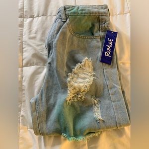 Mens Light Denim with green spray tint destroyed jeans